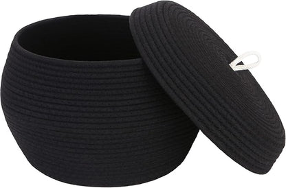 Sea Team Round Cotton Rope Storage Basket with Lid, Decorative Woven Storage Bin, Pot, Caddy, Organizer, Container for Snacks, Towels, Plants, 13 x 9 Inches (Large, Black)