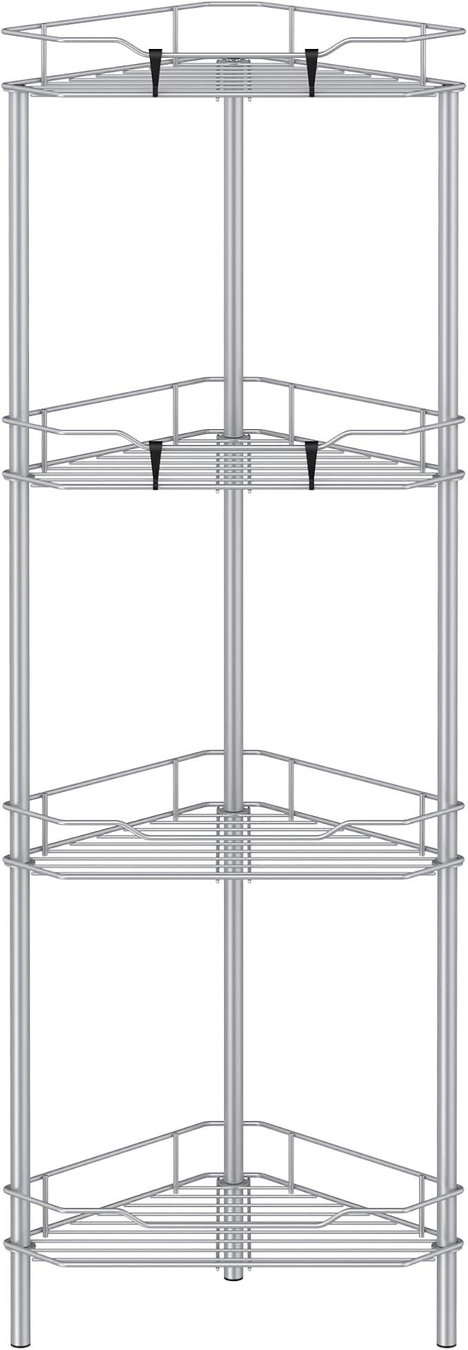 HuggieGems 4 Tier Floor Standing Corner Shower Caddy Organizer Shelf with Hooks, Bathroom Shelves Stand Rack, Silver