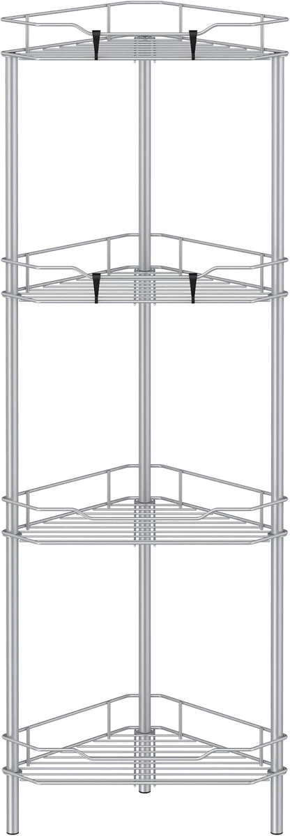 HuggieGems 4 Tier Floor Standing Corner Shower Caddy Organizer Shelf with Hooks, Bathroom Shelves Stand Rack, Silver