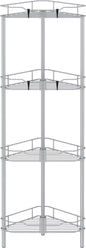 HuggieGems 4 Tier Floor Standing Corner Shower Caddy Organizer Shelf with Hooks, Bathroom Shelves Stand Rack, Silver