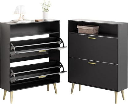 LYNSOM Shoe Cabinet, Free Standing Tipping Bucket Shoe Rack Organizer with 2 Flip Drawers, Modern Entryway Shoe Storage with Top Display, Narrow Slim Hidden Shoe Cabinet (Black)