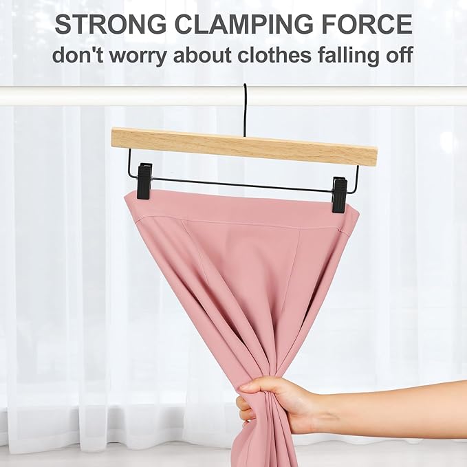 TOPIA HANGER Pants Hangers 20 Pack, Wooden Clothes Hangers with Black Clips and Rotatable Hook, Durable Natural Rubber Wood Hangers for Skirts, Pants, Jeans, Shorts - CTS05N