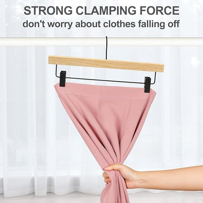 TOPIA HANGER Pants Hangers 20 Pack, Wooden Clothes Hangers with Black Clips and Rotatable Hook, Durable Natural Rubber Wood Hangers for Skirts, Pants, Jeans, Shorts - CTS05N