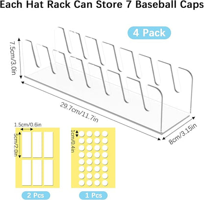 Kssvzz 4 Pack Hat Storage Organizer for Baseball Caps - Acrylic Hat Display Rack for 28 Ball Caps, No Install Hats Stand Shelf for Trucker and Golf Cap, Hats Holder for Closet, Bedroom (Clear)
