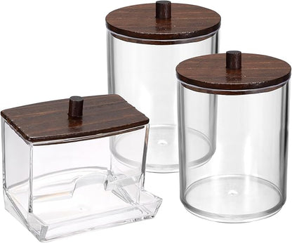Hipiwe 3 Pack Acrylic Cotton Ball Holder Clear Qtip Holder Bathroom Canister Storage Box with Lid Apothecary Jars Makeup Organizer for Cotton Balls,Swabs,Pads,Brown