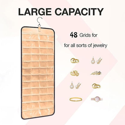 Hanging Jewelry Organizer Storage Roll with Hanger Metal Hooks Double-Sided Jewelry Holder for Earrings, Necklaces, Rings on Closet, Wall, Door, 1 piece, Extra Large, Black