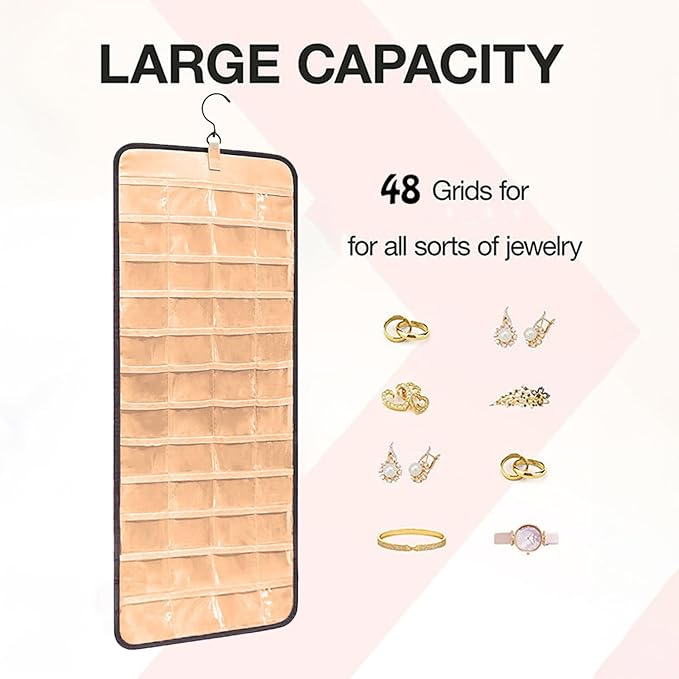 Hanging Jewelry Organizer Storage Roll with Hanger Metal Hooks Double-Sided Jewelry Holder for Earrings, Necklaces, Rings on Closet, Wall, Door,Large 14.17' x 33.07'',black