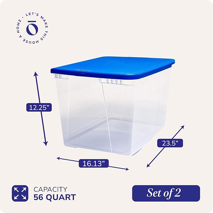 HOMZ 2-Pack Snaplock, Large Clear Plastic Storage Organizer Bins w/Lids, 56 Quart, Blue - Stackable Container Boxes for Bedroom, Bathroom, Garage, and Office Organization