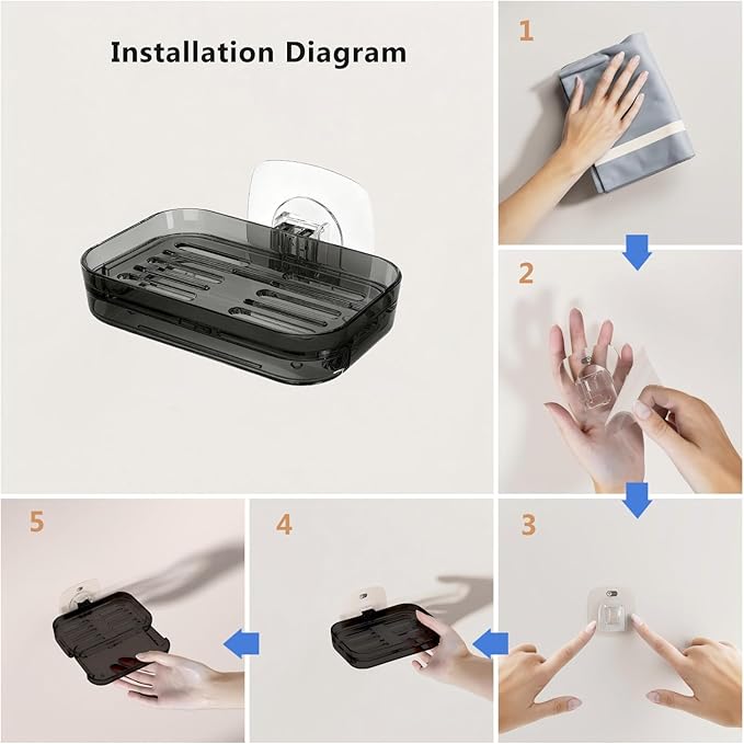 Soap Dish for Shower Transparent Gray Soap Holder with Self-Draining Design No Drilling Required Strong Fixation for RV Bathroom and Kitchen Easy to Clean and Space Saving（2 Pack）