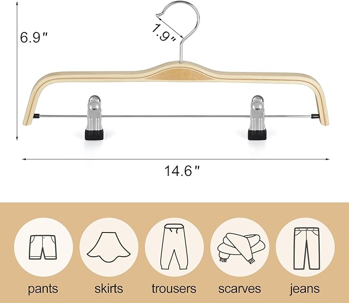 TOPIA HANGER Wooden Pants Hangers,Slim Natural Wood Skirt Hangers with Anti-Rust Hook and Adjustable Metal Clips, Perfect for Skirts, Pants, Slacks-20 Pack-CT17N20