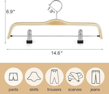 TOPIA HANGER Wooden Pants Hangers,Slim Natural Wood Skirt Hangers with Anti-Rust Hook and Adjustable Metal Clips, Perfect for Skirts, Pants, Slacks-20 Pack-CT17N20