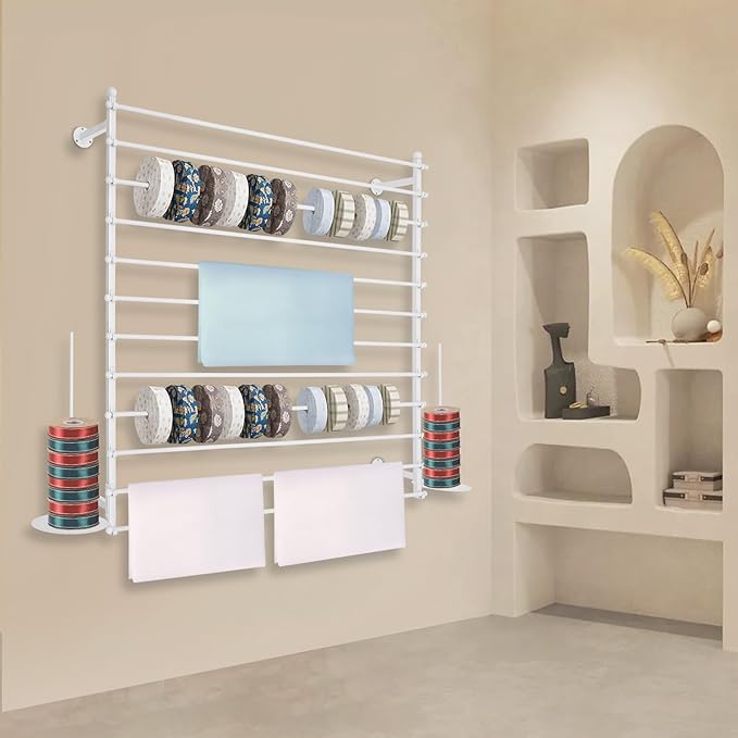 Wall Mounted Display Rack, 12 Layer Wall Wrapping Paper Ribbon Organizer, Scarves Tie & Scarf Rack Belts Towel Holder for Home, Retail Stores, Flower Shop (White)