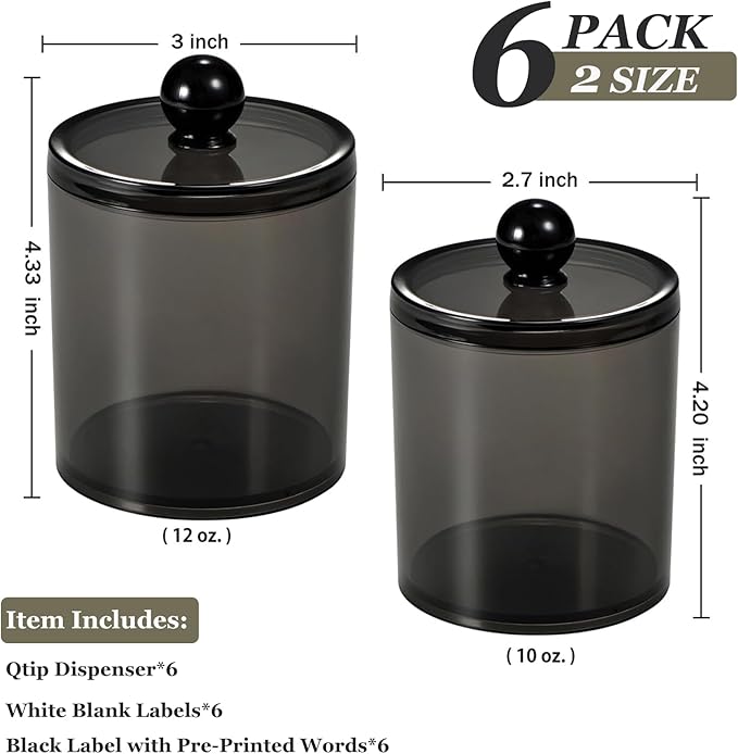 SheeChung 6 Pack Qtip Holder,Black Qtip Dispenser Apothecary Jars with Lids for Cotton Swabs,Balls,Pads,12oz & 10oz Acrylic Bathroom Organizer Set - Shatterproof Minimalist Clear Storage Canisters