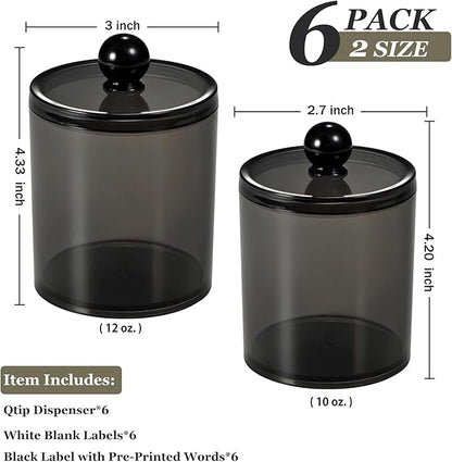 SheeChung 6 Pack Qtip Holder,Black Qtip Dispenser Apothecary Jars with Lids for Cotton Swabs,Balls,Pads,12oz & 10oz Acrylic Bathroom Organizer Set - Shatterproof Minimalist Clear Storage Canisters