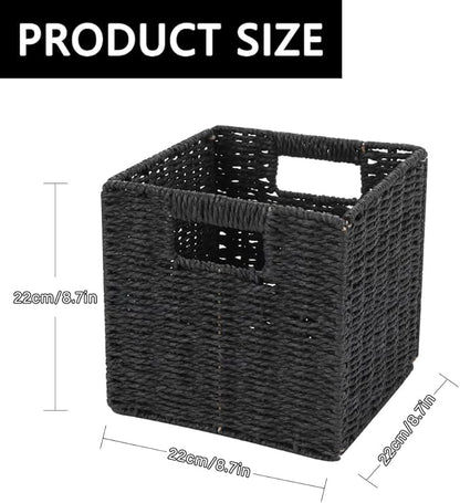 6 Pack 8.7 Inch Wicker Baskets, Hand Woven Paper Rope Storage Baskets, Foldable Cube Storage Bins Organizer Square Wicker Cubes for Shelves Pantry Organizing & Decor (Black)