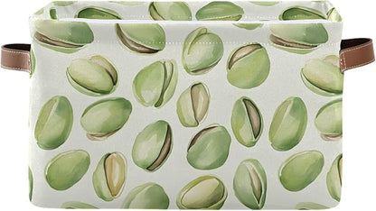 Large Storage Basket Pistachios Watercolor Green Storage Bin Cube Canvas Fabric Organizer Handles Collapsible for Clothes Toys Bedroom Decorative