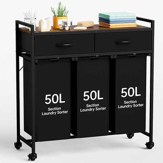 Laundry Sorter with 3 Section Pull Out Bags Rolling Laundry Basket Organizer with 2 Drawers Laundry Hamper with Shelves and Wheels for Laundry Room, Bathroom, Bedroom Organization (1 Tier)