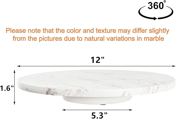 DEAYOU Marble Lazy Susan, Natural Marble Round Tray Turntable Cake Stand, 12" Lazy Susan Cheese Board with Silent Rotating for Serving, Table Display, Cupcake, White, Revolving Cake Leveler Spinner