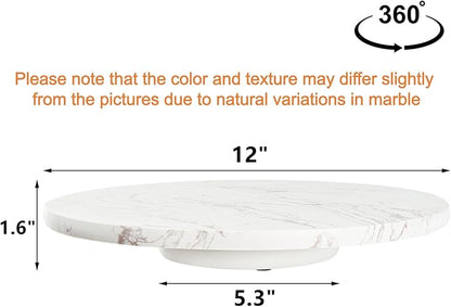 DEAYOU Marble Lazy Susan, Natural Marble Round Tray Turntable Cake Stand, 12" Lazy Susan Cheese Board with Silent Rotating for Serving, Table Display, Cupcake, White, Revolving Cake Leveler Spinner