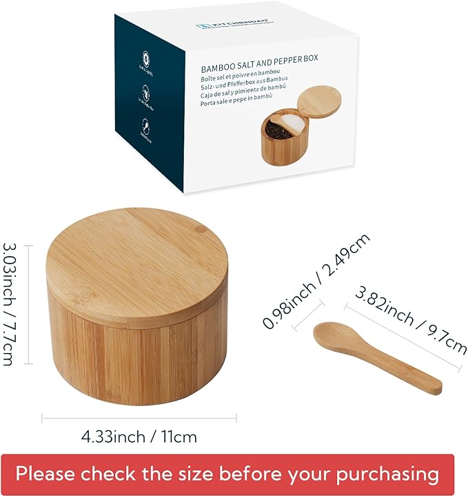KITCHENDAO Bamboo Salt and Pepper Bowl Box Cellar, Built-in Spoon, Two Compartments Spice Seasoning Container, Sea Salt Cellar Holder, Magnetic Swivel Lid, Dual 5oz Capacity
