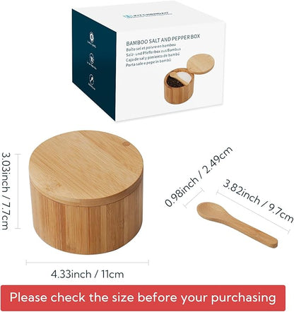 KITCHENDAO Bamboo Salt and Pepper Bowl Box Cellar, Built-in Spoon, Two Compartments Spice Seasoning Container, Sea Salt Cellar Holder, Magnetic Swivel Lid, Dual 5oz Capacity