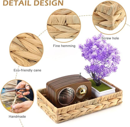 Wicker & Rattan Serving Tray - 10" Rectangle Bathroom Vanity Tray with Storage for Paper Hand Towels