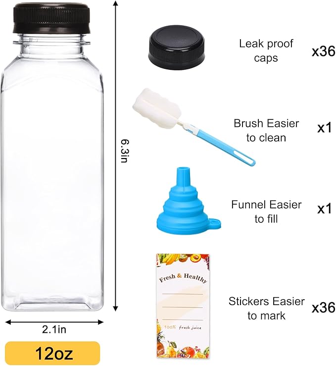Moretoes 36pcs 12oz Juice Bottles, Plastic Bottles with Lids, Reusable Clear Containers with Caps for Juices, Milk, Smoothie and Other Beverages