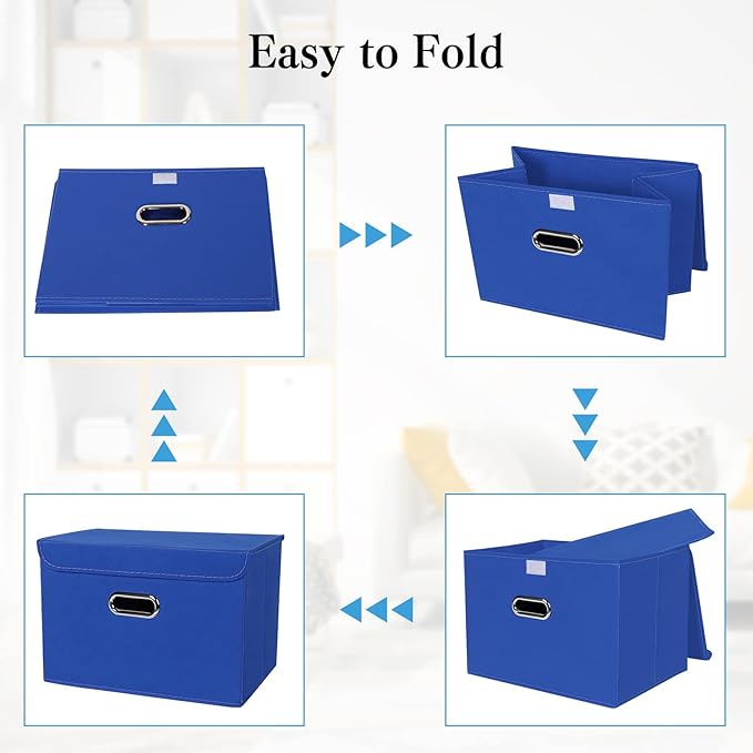 STOREONE Fabric Storage Cube Bins Foldable Organizer Container Collapsible Basket with Lids and Metal Handles, for Home, Bedroom, Closet 8 Pcs (Dark Blue)