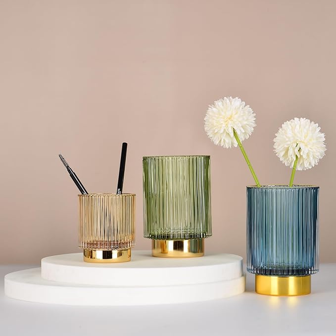 Amber Makeup Brush Holder, Glass Toothbrush Holders for Bathrooms, Gold Pen Holder for Desk, Vintage Make Up Brush Holder Vanity Organizer for Brushes, Lipstick, Eyebrow Pencil