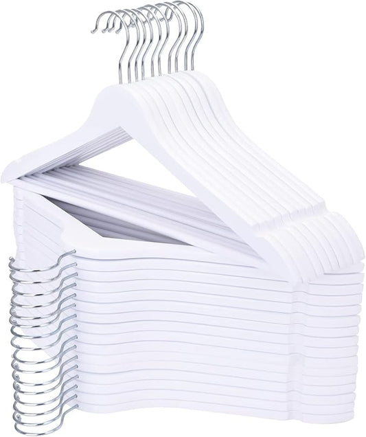 Wooden Hangers 30 Pack, Wood Hangers with Extra Smooth Finish, Precisely Cut Notches & Chrome Swivel Hook, Wooden Clothes Hangers for Shirt Coat Jacket Dress, White