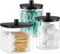 3 Pack Glass Qtip Holder Dispenser- 10 oz Clear Canister Apothecary Jar, Bathroom Vanity Storage Organizer Set for Cotton Swabs, Pads, Floss Picks, Small Containers for Makeup Storage (Black)