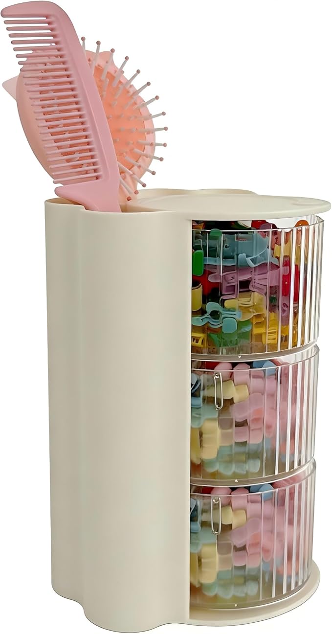 Hair Accessories Organizer with Hair Brush Holder, Rotatable Makeup Brush Holder for Necklaces, Earring, Bracelet, Ring, Makeup Brushes, Hair Clip and Hair Accessories (3 Layer Beige)