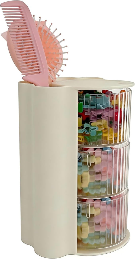 Hair Accessories Organizer with Hair Brush Holder, Rotatable Makeup Brush Holder for Necklaces, Earring, Bracelet, Ring, Makeup Brushes, Hair Clip and Hair Accessories (3 Layer Beige)