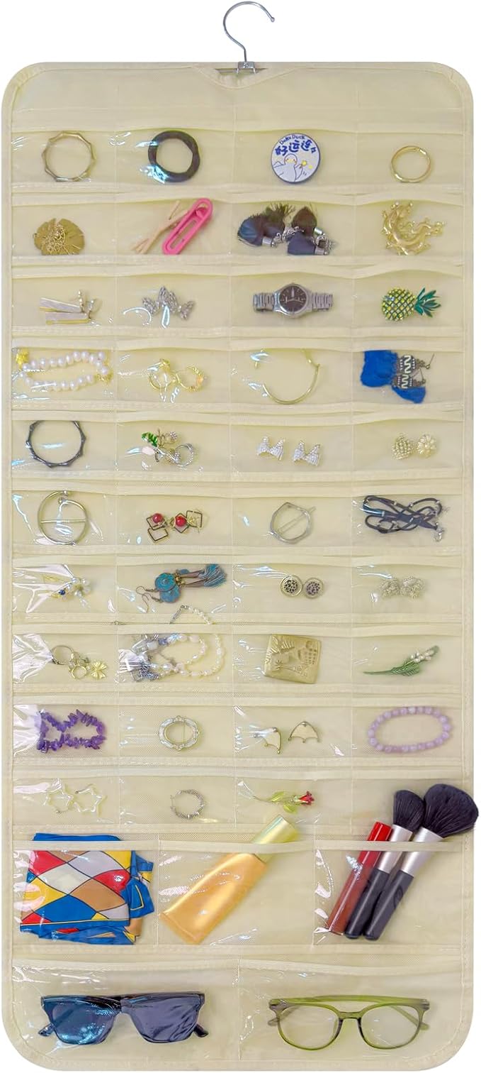 Bloss Hanging Jewelry Organizer With 90 Pockets,Earring Holder Organizer Storage For Valentine's Day Gift,Double-Sided Jewelry Holder for Earrings, Necklaces, Rings on Closet,Wall,Door(Beige)