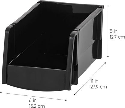IRIS USA Medium Stackable Storage Bins, 4-Pack, 11" L x 6" W x 5" H, |Made in USA|, Plastic Open Front Shelf Bin for Organizing Parts, Hardware, Tools, Supplies, Garage Shelf, Pantry - Black