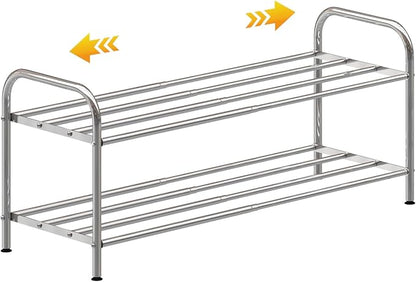2-Tier Expandable Shoe Rack - 100% Stainless Steel,4-Rod Extendable & Adjustable Feet | Simple Stretchable Space-Saving Shelf for Small Space Closet Entryway (15" to 27", Silver)