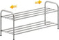2-Tier Expandable Shoe Rack - 100% Stainless Steel,4-Rod Extendable & Adjustable Feet | Simple Stretchable Space-Saving Shelf for Small Space Closet Entryway (15" to 27", Silver)