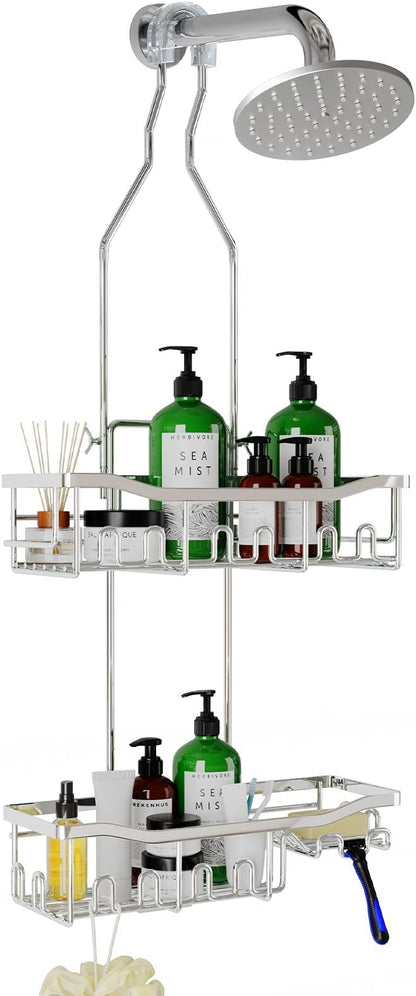 Shower Caddy Hanging for Bathroom: Adjustable Height No Blocking to Shower Head - Rustproof Shower Caddy Over Showerhead - Black Shower Organizer with Hooks Soap Holder, Silver