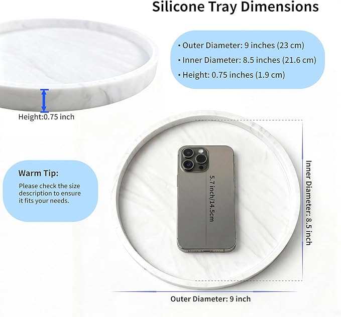 Silicone Bathroom Tray - 9-Inch Round Vanity Tray, Suitable for Candles, Perfumes, Soap Dispensers (Marble White)