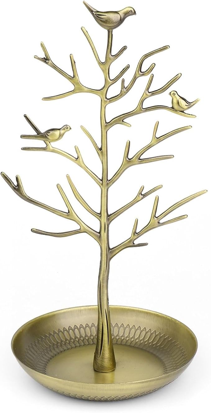Flexzion Jewelry Display Stand, Earring Necklace Holder Tree Tower Rack Hanging Organizer - Ideal for Bangles Pendants Anklet (Brass)