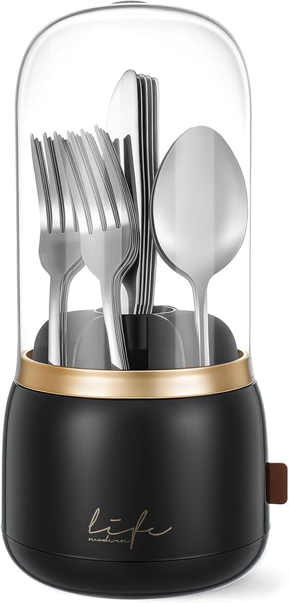 EXIN DECHEN 360° Rotation Silverware Organizer for Kitchen Counter,Utensil Holder Caddy Silverware Caddy Holder for Party,Spoon and Fork Organizer,7 Slots and Intermediate Drainage Device with Cover