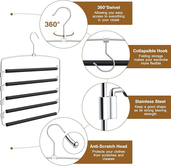 5-Tier Pants Hanger 2 Pack, Closet Organizer Space Saving Hanging Storage for Jeans, Trousers, Skirts, Dresses, Scarves (2-Pack)