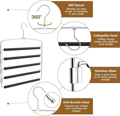 5-Tier Pants Hanger 2 Pack, Closet Organizer Space Saving Hanging Storage for Jeans, Trousers, Skirts, Dresses, Scarves (2-Pack)