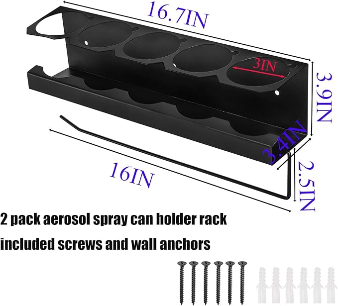 Cedilis 2 Pack Aerosol Spray Can Holder Rack with Paper Towel Holder, Wall Mounted Steel Spray Bottle Organizer, Black Spray Paint Can Holder for Garage and Workspace, Mounting Accessories Included