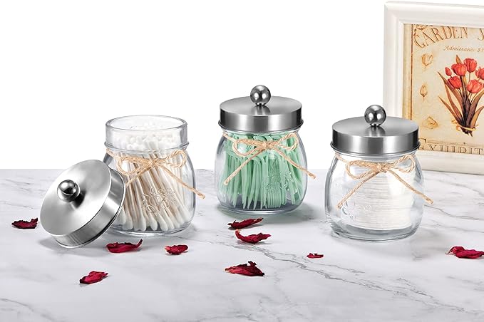 SheeChung 4 Pack Apothecary Jars with Lids, Bathroom Organizers and Storage, Qtip Holders Set, Bathroom Decor, Small Mason Jars for Q-tips, Cottons, Floss, Balls, Cotton Swabs-Brushed Steel