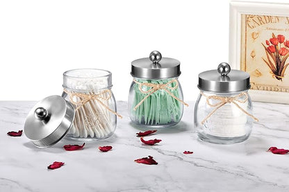 SheeChung 4 Pack Apothecary Jars with Lids, Bathroom Organizers and Storage, Qtip Holders Set, Bathroom Decor, Small Mason Jars for Q-tips, Cottons, Floss, Balls, Cotton Swabs-Brushed Steel