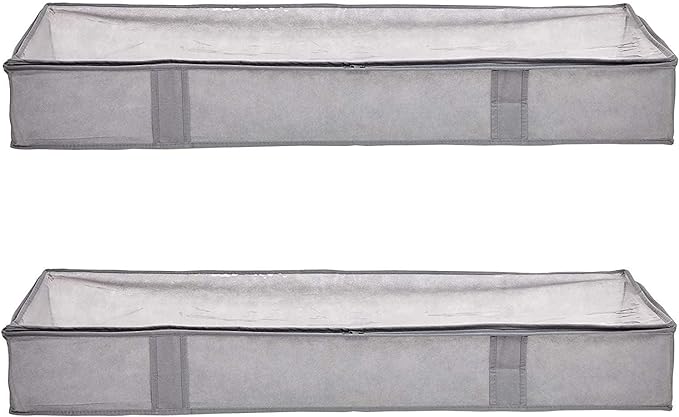 Amazon Basics Under Bed Storage Bags for Clothes and Blankets, Foldable Fabric Zipper Container with Clear Window and Reinforced Handles, Space Saving, 18 x 42 x 6 inches, Gray, 2-Pack