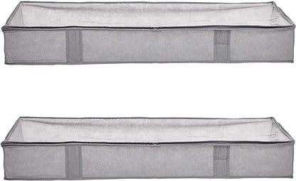 Amazon Basics Under Bed Storage Bags for Clothes and Blankets, Foldable Fabric Zipper Container with Clear Window and Reinforced Handles, Space Saving, 18 x 42 x 6 inches, Gray, 2-Pack