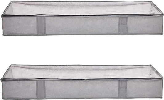 Amazon Basics Under Bed Storage Bags for Clothes and Blankets, Foldable Fabric Zipper Container with Clear Window and Reinforced Handles, Space Saving, 18 x 42 x 6 inches, Gray, 2-Pack