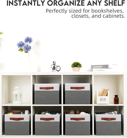[6-Pack] Fabric Storage Bins (15x11x9.5 ) Reinforced 2.5mm Cardboard Shelf Bins with PU Leather Handles Durable Storage Baskets for Closet Organization, Toy Organizer, & Home Office White&Grey